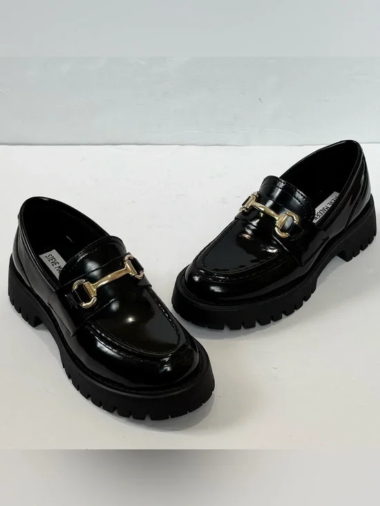 NEW Steve Madden Horsebit Lando Black Patent Chunky Platform Lug Sole Loafer 5.5