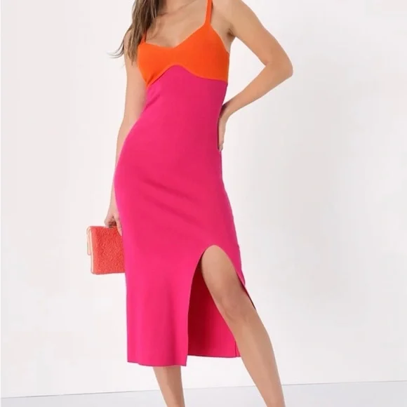 Lulus Malibu Magic Pink And Orange Color Block Midi Dress Leg Slit Size Small