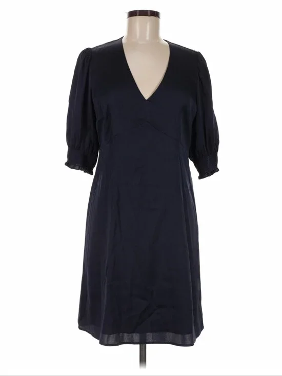 Quince Stretch Silk Puff Sleeve Mini Dress Navy Blue M Washable
