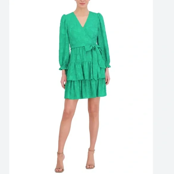 WOMEN’S NWT ELIZA-J GREEN FLORAL TEXTURE BALLOON SLEEVE A-LINE‎ DRESS TIERED HEM