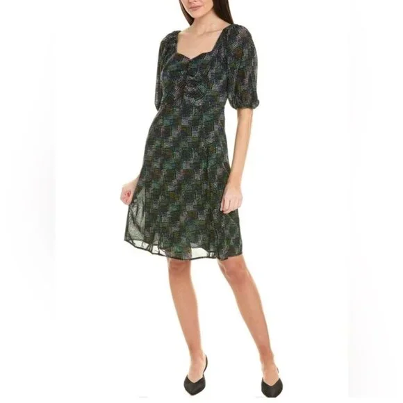 Elaine Puff Sleeve Multicolored Dot Mesh Midi Dress in Green‎ Size XS