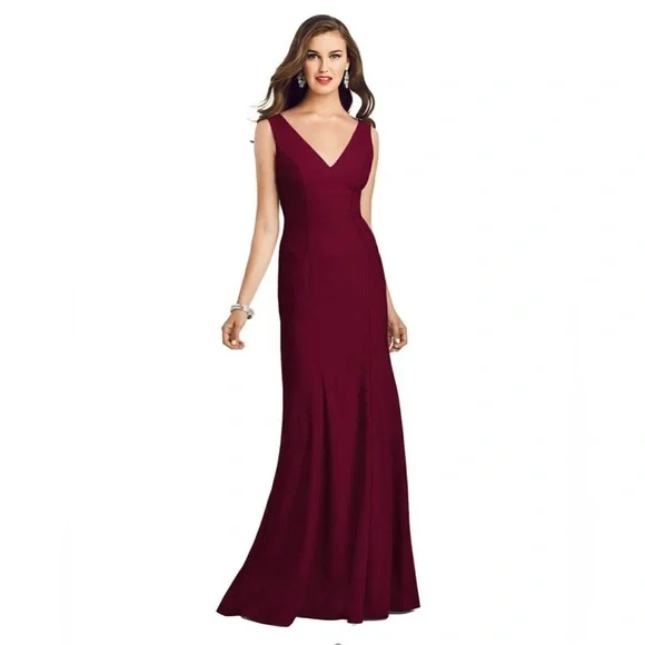 Dessy Collection vneck open back trumpet maroon red long maxi formal dress gown