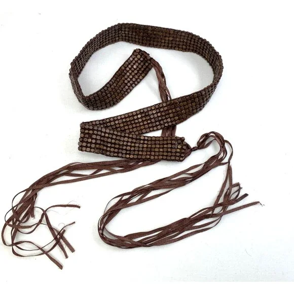 Vintage Y2K Women Wood Beaded Woven Belt Tie Ends 31