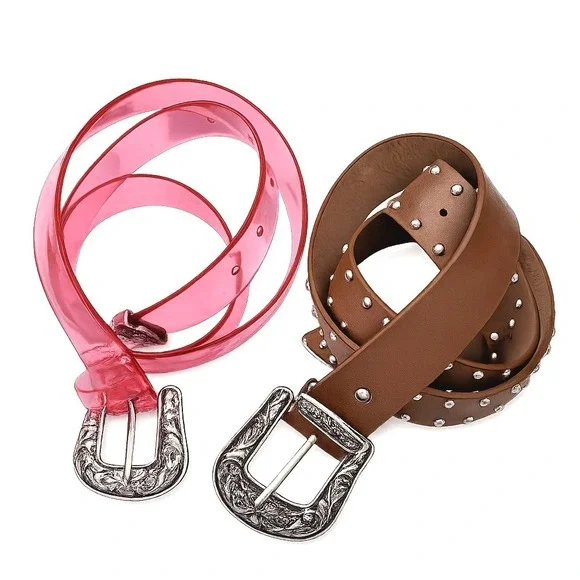 Pair of Y2K Fashion Belts  Pink Transparent Brown Studded Metal Buckle/Tips