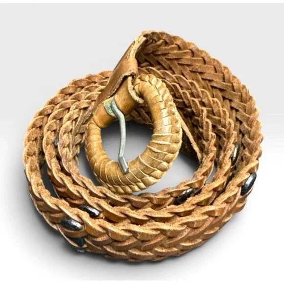 Southwestern Silver and Tan Thin Braided Leather Belt 36