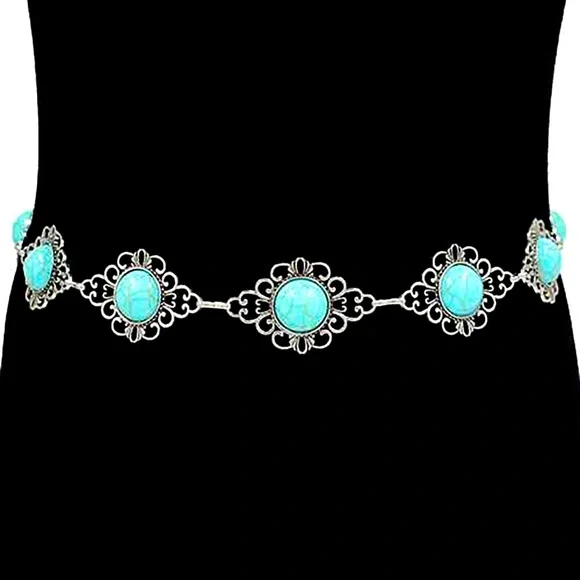 Turquoise & Silver Western Stone Concho Chain Statement Belt