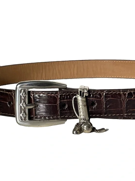 BRIGHTON Women's Dark Brown Croc Embossed Leather Golf Charm Belt Sz M/L 32 USA