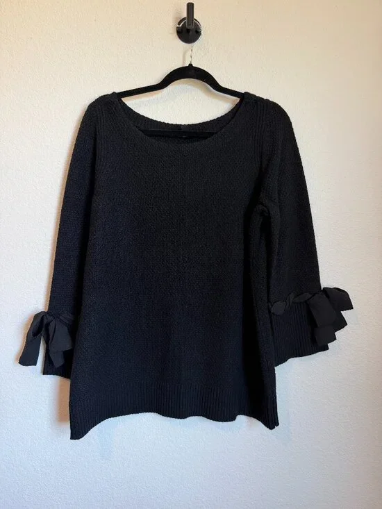 Talbots Lambswool Blend Bell Sleeve Ribbon Bow Cuff Black Knit Sweater 1X