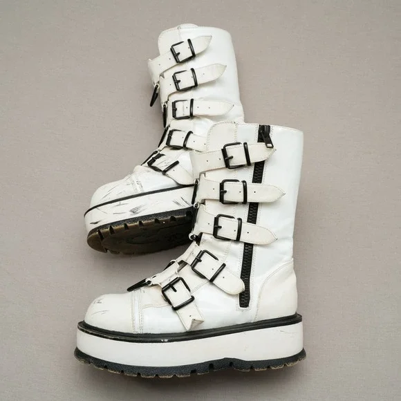 Slacker Demonia Mid Calf Platform Boots 5 Buckle Straps Adult Womens 10