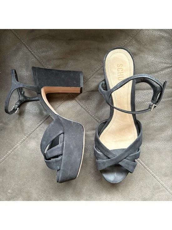 SCHUTZ Keefa Black Leather Suede Platform Chunky High Heel Sandals Y2K Disco 9.5