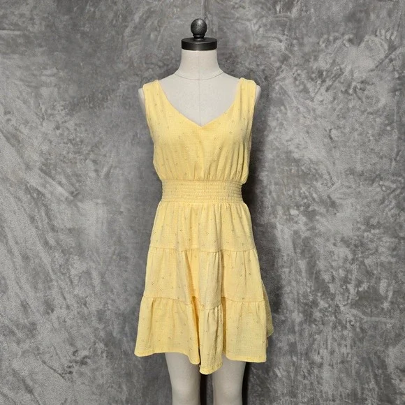 City Studio Dress Women M Yellow Tiered Smocked Tie Back Cottage Sun Pastel Boho