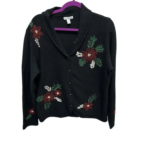 Charter Club women’s wool cardigan sweater button up embroidered floral large