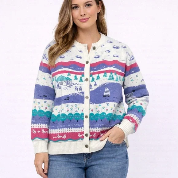 Vintage 90s Northern Reflections Pink Purple Duck Lake Nature Scene Cardigan XL