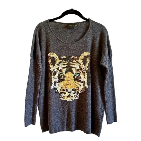CLICHE’, WOMENS, DARK GREY, PULLOVER SWEATER WITH SEQUIN TIGER ON FRONT. SIZE S