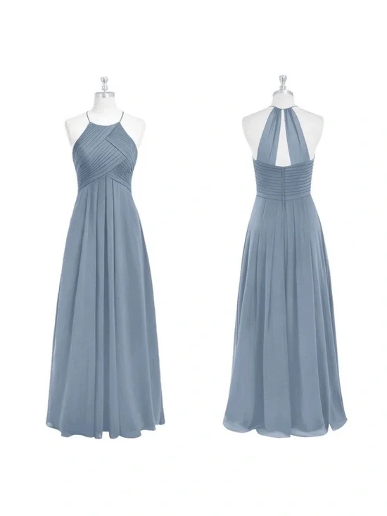 Azazie Ginger Dusty Blue A-Line Halter Pleated Chiffon Maxi Bridesmaid Dress