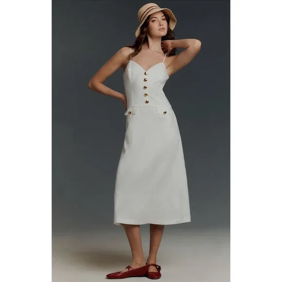 Anthropologie Endless Rose Midi Dress White Linen Sleeveless V Neck Size XS NWT