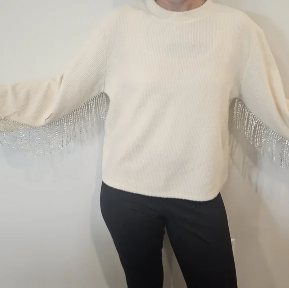 szM Zara Classic Cream Crew‎ Neck Sweater Rhinestone Fringe Disco Cowgirl Bridal