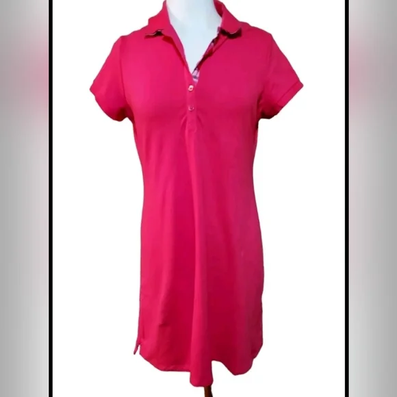 Lands End Midi Dress M/P 10-12 Hot Pink Collared Shirt Woman Preppy Baumwool  di