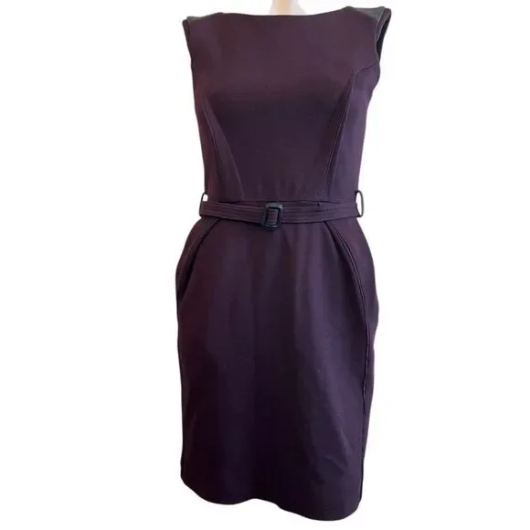 Hanii Y Small 38 Dress Purple Gray Sheath Wool Knee Length Sleeveless Belted Vtg