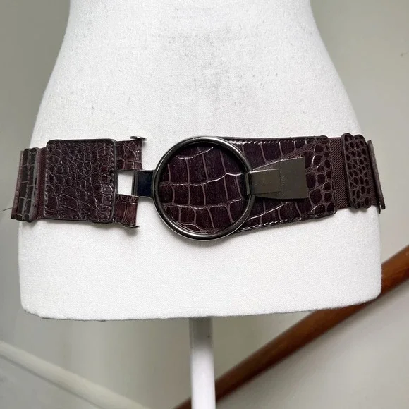 Y2K Wide Elastic Belt Large Brown Faux Croc Silver O-Ring Buckle Chunky Wide Big
