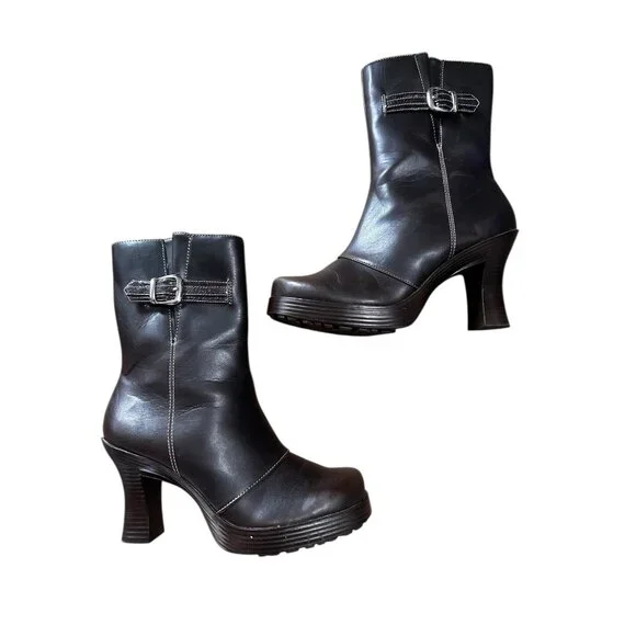Vintage Y2K LEI Platform Boots Women 8.5 Brown Chunky Retro Zip Buckle 70s Moto