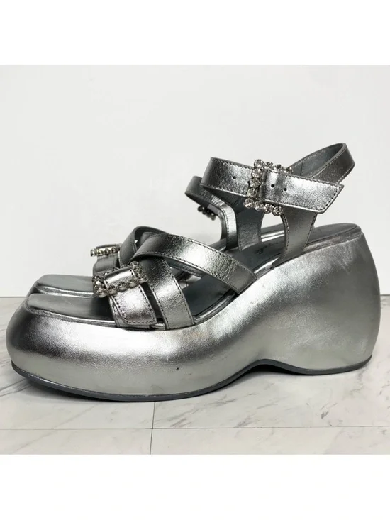 New! Free People Brooklyn Silver Leather Ankle Strap Sandal 9 1/2