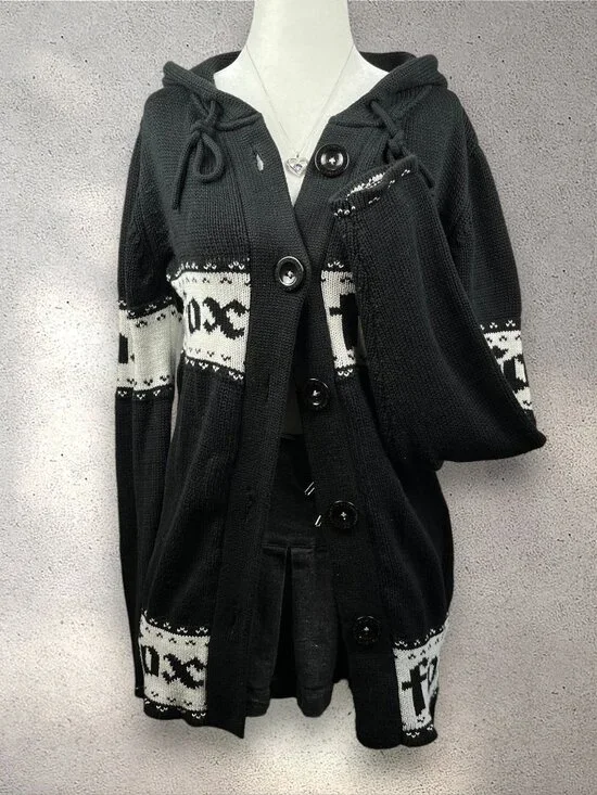 VTG Fox Racing Hooded Cardigan Sweater Women’s L Black Nordic Knit Mall Alt Y2K