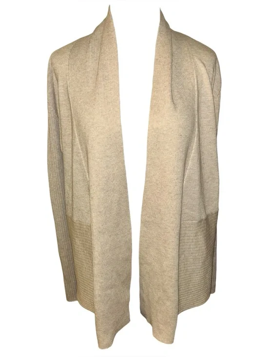 new upcycled beige ribbed short waterfall style cardigan women’s size large