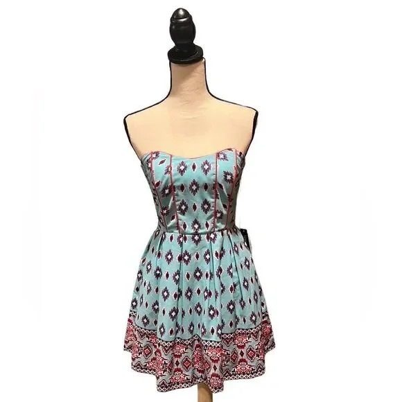 136. Teeze Me Y2K multicolor Aztec Tribal Strapless Corset dress NWT Size S