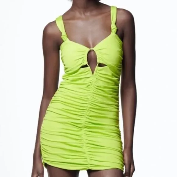 Zara Lime Green Short Dress with Ruching Size Large