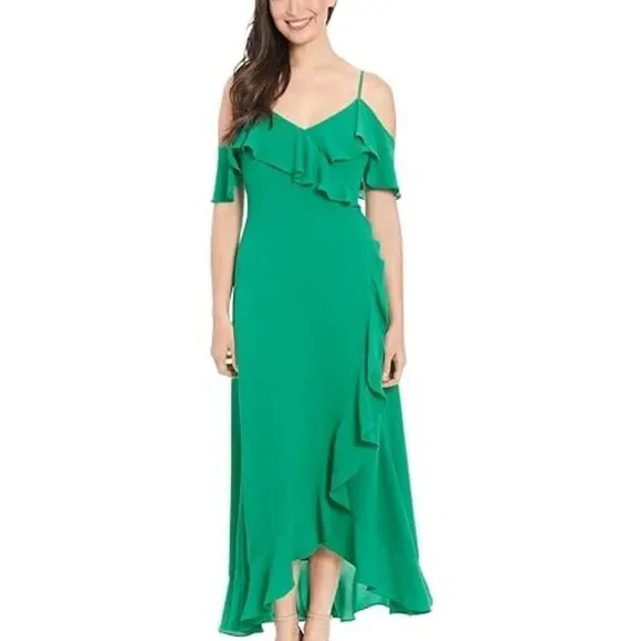 London Times dress green maxi off shoulder ruffle high low holiday party 4