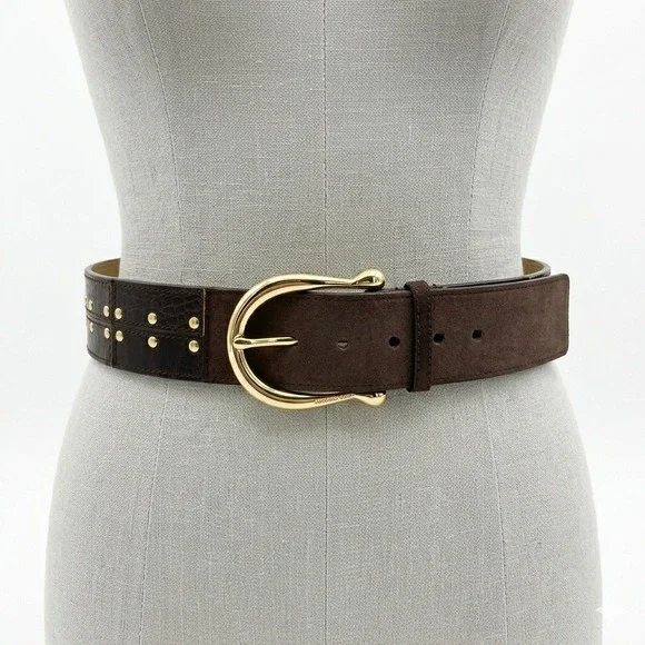 Michael Kors Brown Leather‎ Suede Patchwork Studded Waist Belt Gold Buckle Small