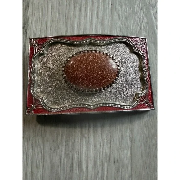Sunstone Belt Buckle Rectangle Red Enamel Silver Tone Natural Cabochon Western