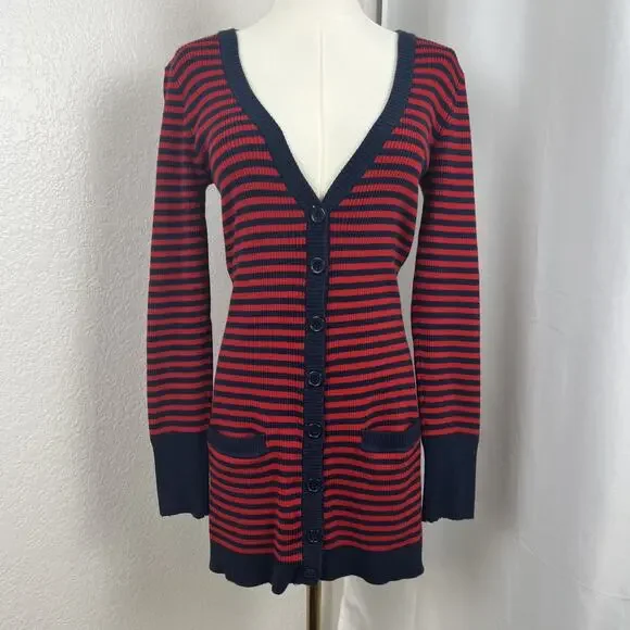 Y2K Love By Design Sweater Womens Medium Red Blue Striped Cardigan Preppy‎ Twee