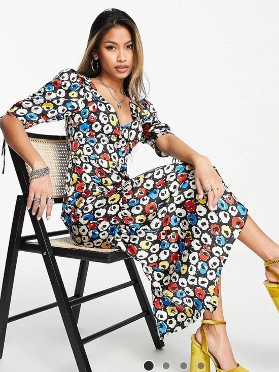 Topshop Retro Primary Colors Midi Peplum Floral Dress EUC Size 14