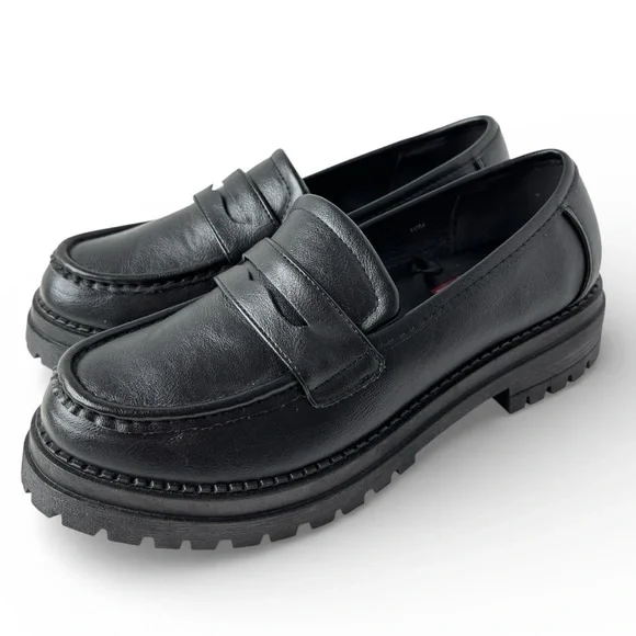 POP Womens Chunky Platform Penny Loafers Black Faux Leather Shoe Size 10 Gothic