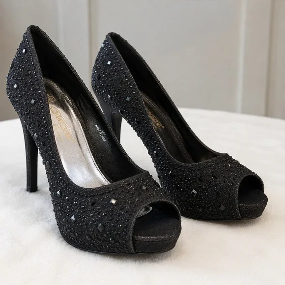 B.D.B. Fashions Black Glitter Rhinestone Peep Toe Platform Stiletto Pumps Size 9