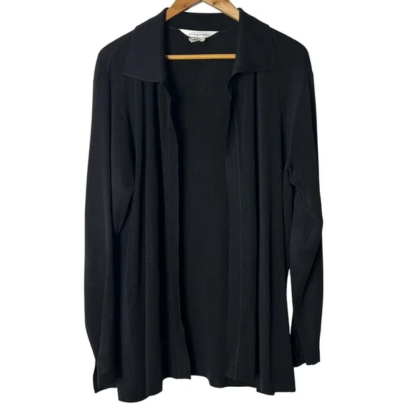 Misook Black Knit‎ Cardigan Sweater Sz L Long Sleeve Collared Open Front Vintage