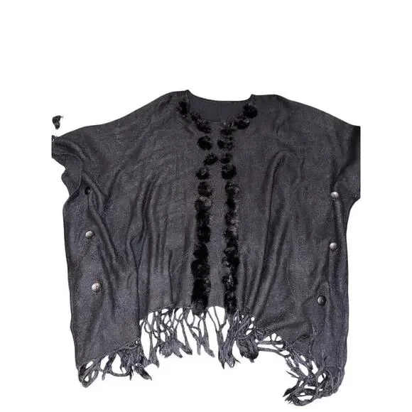 PONCHO SWEATER WITH RABBIT FUR TRIM ONE SIZE O/S