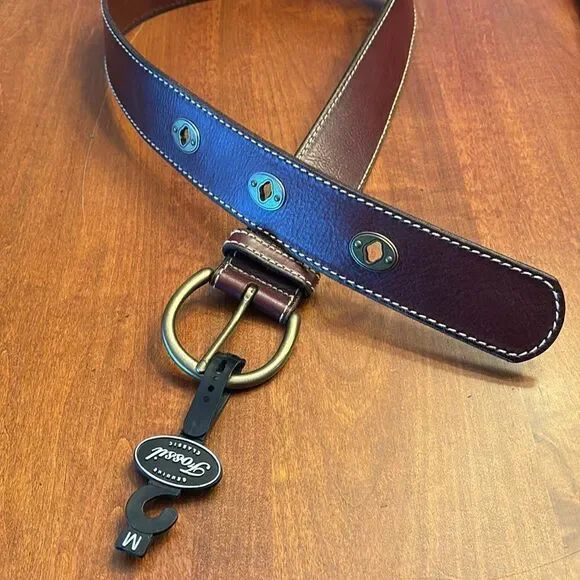 NEW. Fossil Key Grommets Brown Leather Belt - M