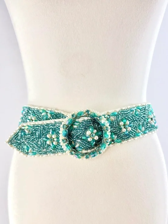 HARIELA'S Vintage Turquoise Floral Beaded Circle Buckle Statement Belt