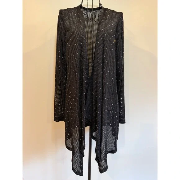 Womens Black Mesh Rhinestone Open Front Cardigan‎ Metallic Knit Draped Shimmer