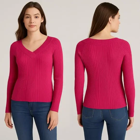 No Boundaries Fuchsia Ribbed Knit Long Sleeve Juniors XL V-Neck Stretch Casual