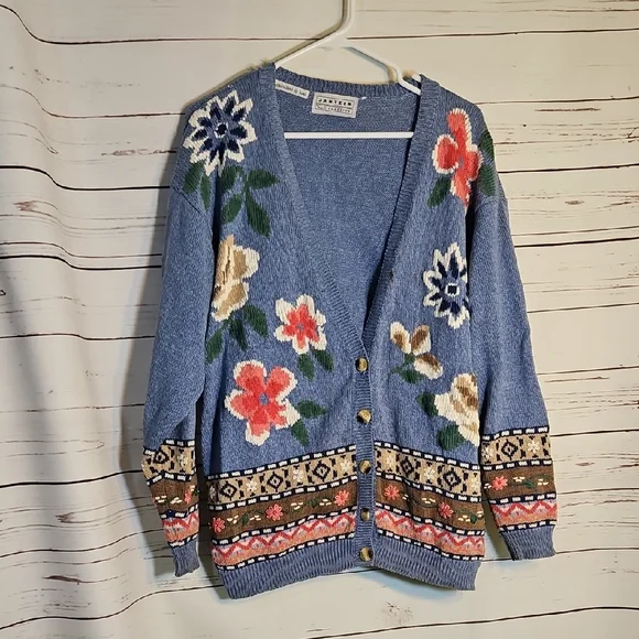 JANTZEN CLASSICS EMBROIDERED BY hand‎ Floral Patterned Blue Cardigan Sweater
