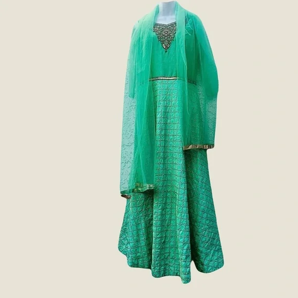 Formal raw silk Anarkali Indian gown green embroidered beaded wedding full skirt