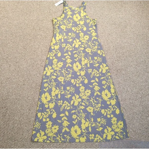 Outerknown Ellison Slip Dress Maxi Womens Small Gray Yellow Floral Sleeveless