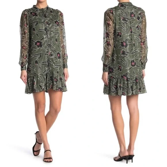 Walter Baker Green Heidi Floral Metallic Ruffled Shirt Dress