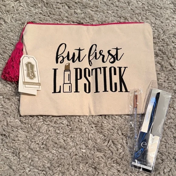 Makeup Pouch - 'But First Lipstick' Canvas Cosmetic Bag with Pink Tassel