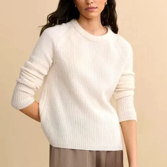 Jenni Kayne L Iconic 100% CASHMERE Fisherman Sweater $425 Ivory Cream White NWT!