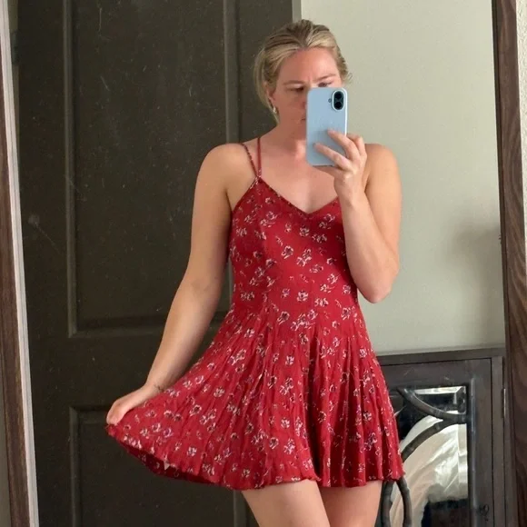 American Eagle Outfitters Red Floral Strapless Mini Dress with Crisscross Straps